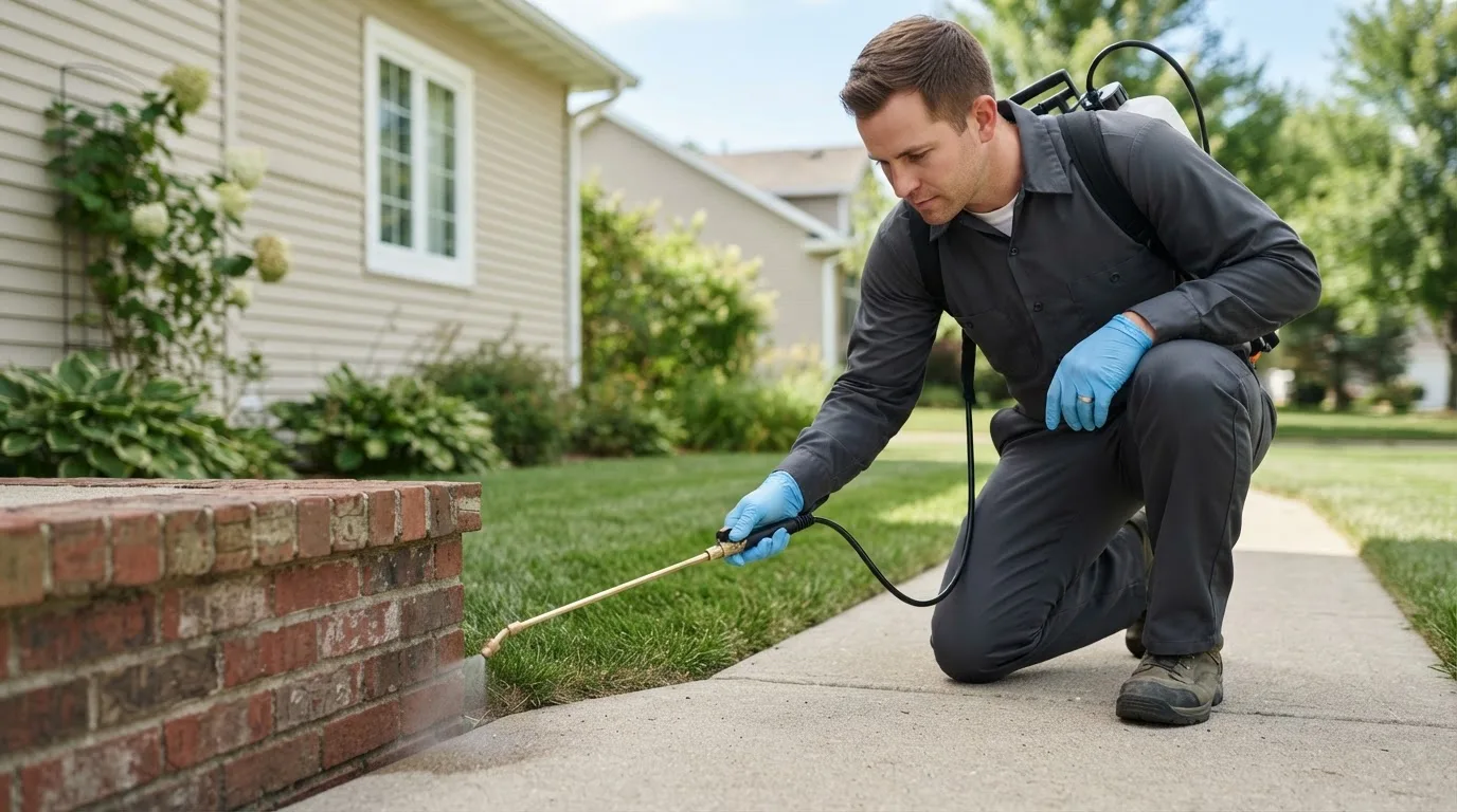 Pest control technician treating a home near Tescott, KS