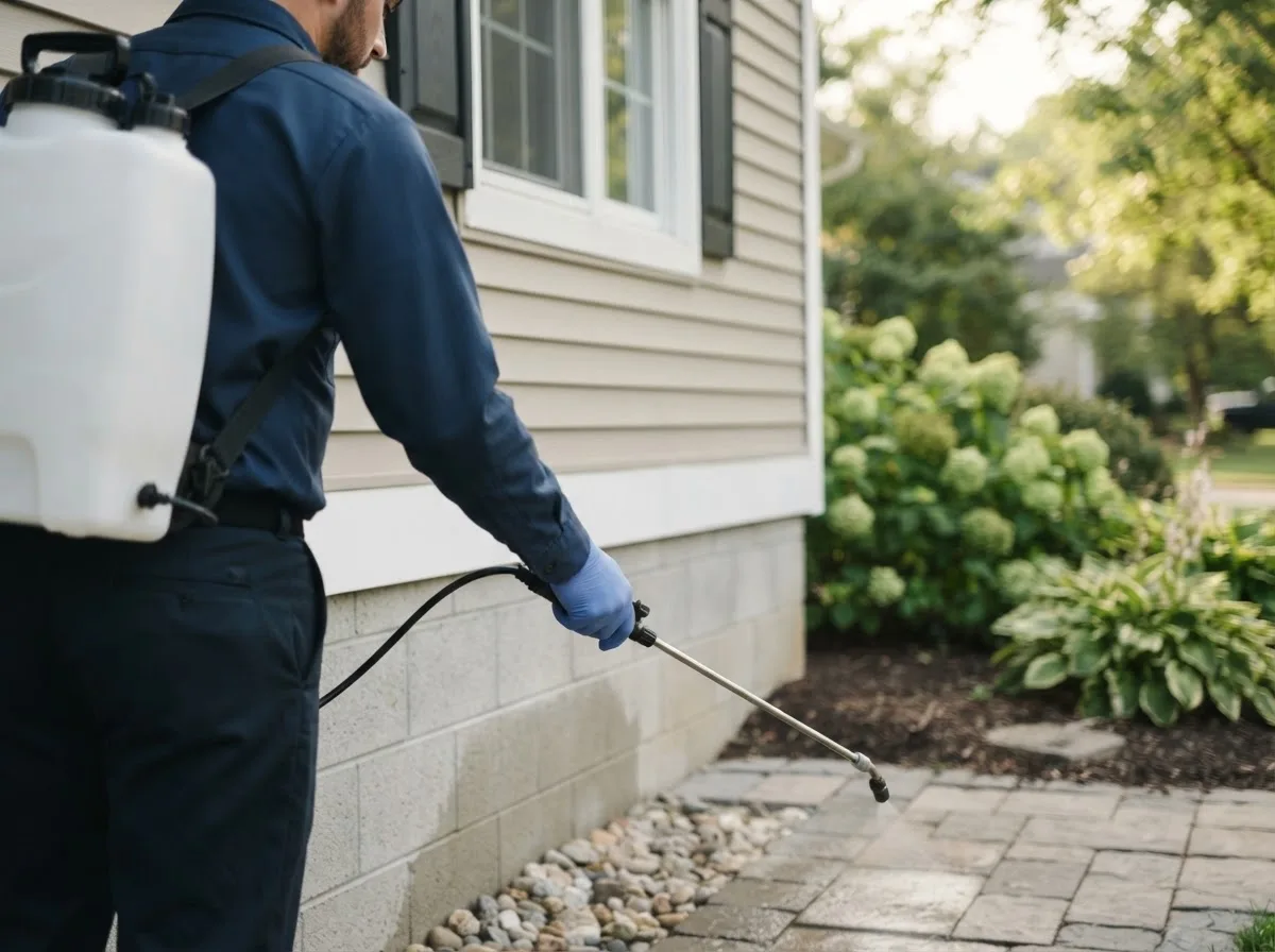 Pest control technician inspecting a home in Tescott, KS